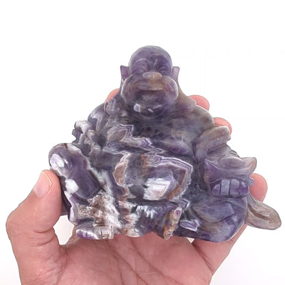 XL Chevron Amethyst Laughing Buddha Carving (Unique Piece)